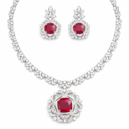 Imitation Ruby and Crystal Floral Necklace Jewelry Set