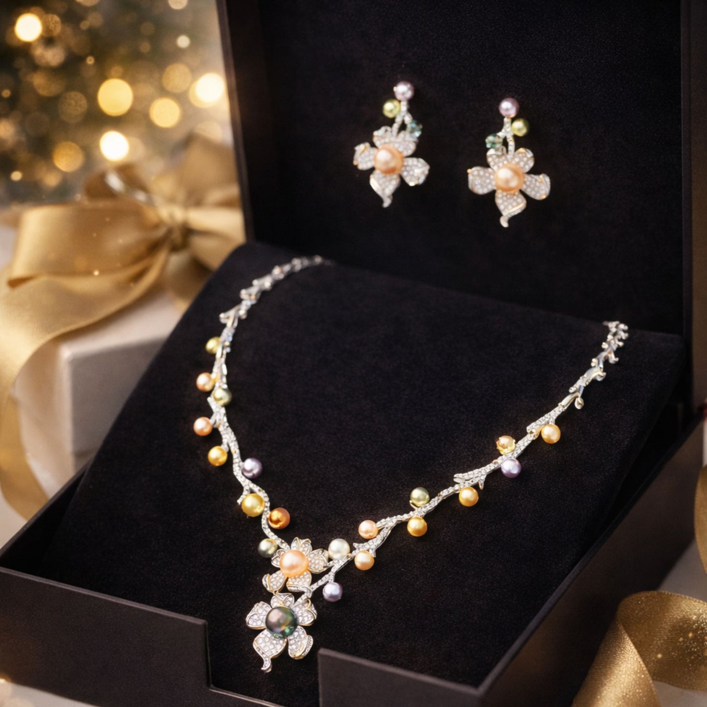 Imitation Jewellery Necklace Set with Drop Earrings - Gold Finish