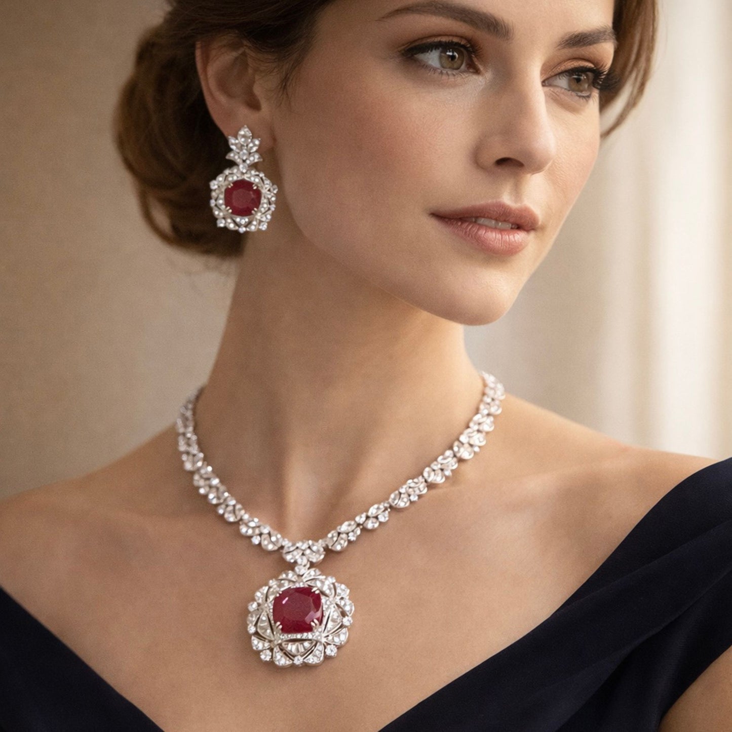 Imitation Ruby and Crystal Floral Necklace Jewelry Set