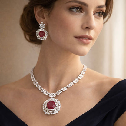 Imitation Ruby and Crystal Floral Necklace Jewelry Set