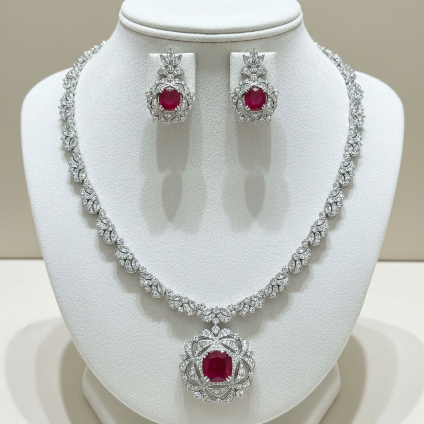 Imitation Ruby and Crystal Floral Necklace Jewelry Set