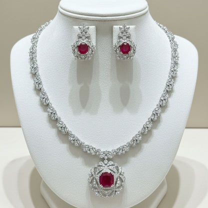 Imitation Ruby and Crystal Floral Necklace Jewelry Set