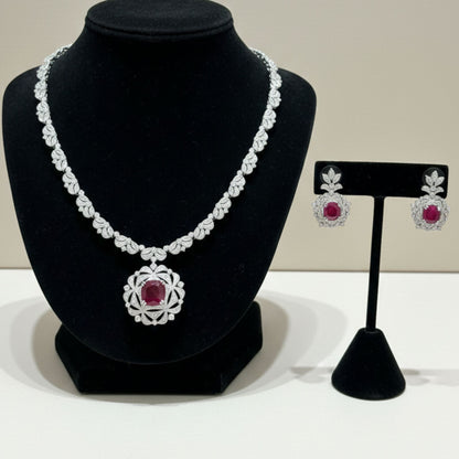 Imitation Ruby and Crystal Floral Necklace Jewelry Set