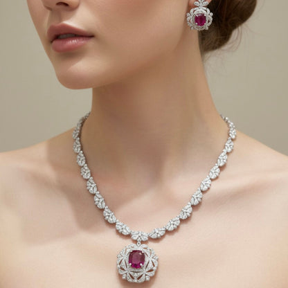 Imitation Ruby and Crystal Floral Necklace Jewelry Set
